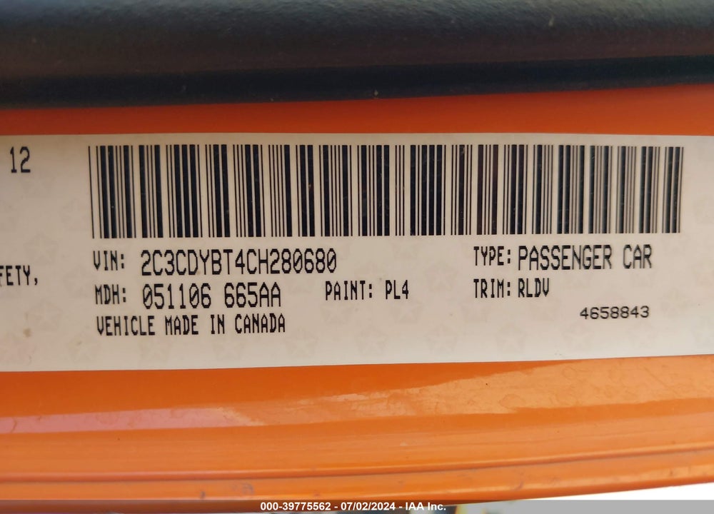 2012 DODGE CHALLENGER R/T VIN: 2C3CDYBT4CH280680