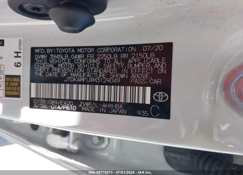 2021 TOYOTA PRIUS 2020 EDITION VIN: JTDKAMFUXM3129049