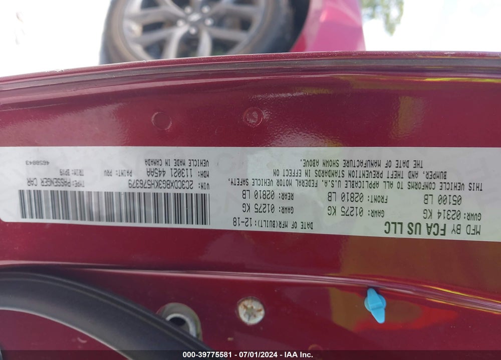 2019 DODGE CHARGER SXT RWD VIN: 2C3CDXBG3KH576379