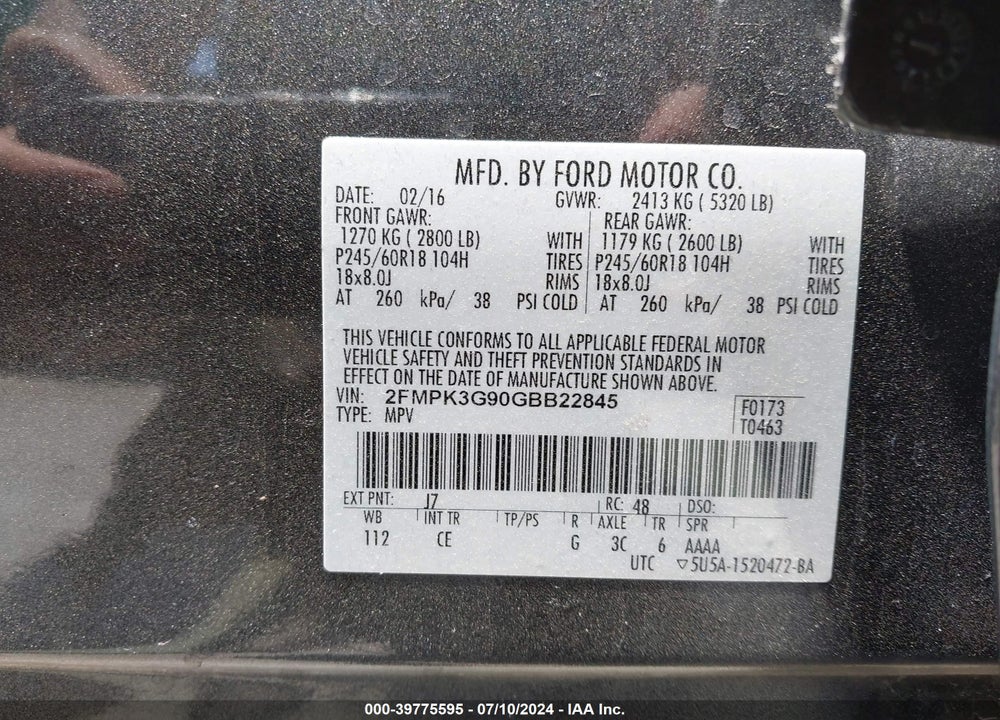 2016 FORD EDGE SE VIN: 2FMPK3G90GBB22845