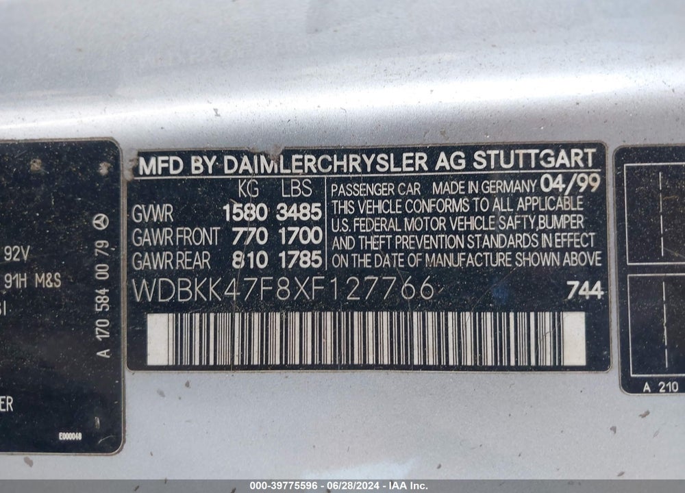 1999 MERCEDES-BENZ SLK 230 KOMPRESSOR VIN: WDBKK47F8XF127766