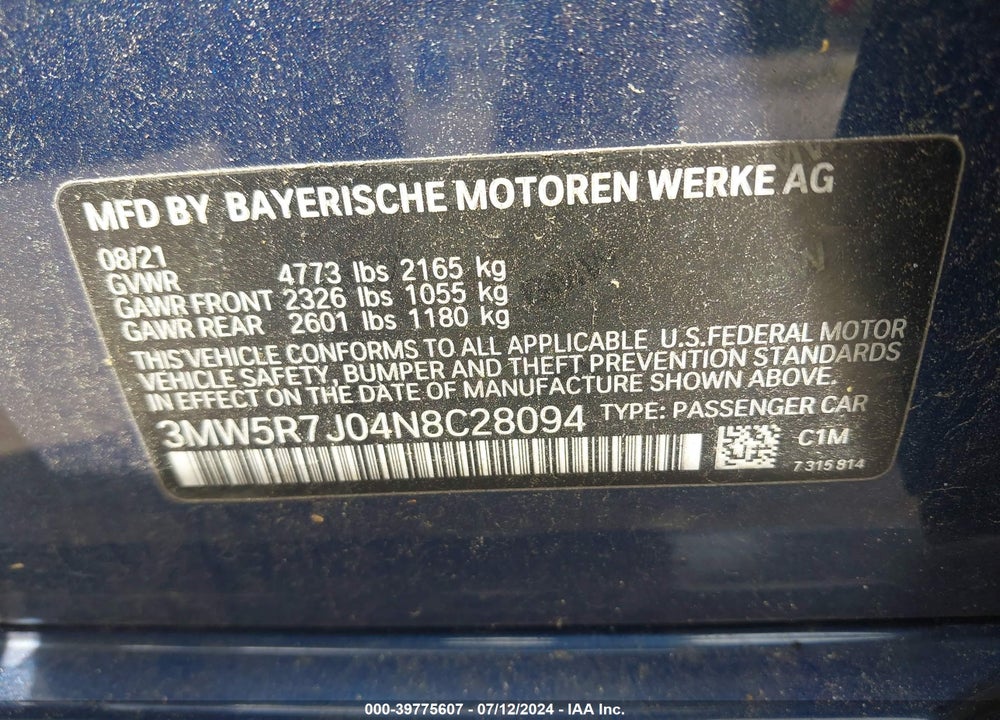 2022 BMW 330I XDRIVE VIN: 3MW5R7J04N8C28094