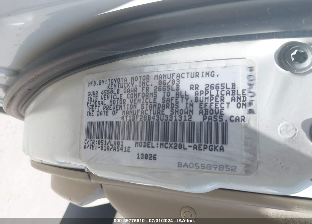 2003 TOYOTA AVALON XLS VIN: 4T1BF28B43U331312