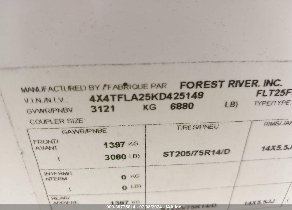 2019 FLAGSTAFF TRAVEL TRAILER VIN: 4X4TFLA25KD425149