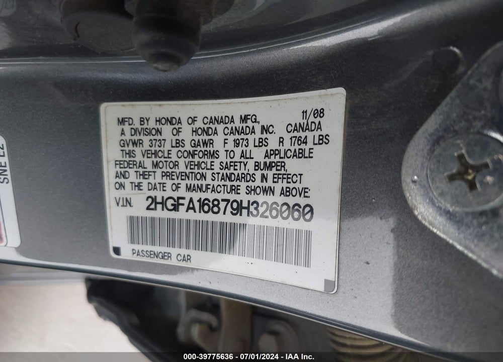 2009 HONDA CIVIC EX VIN: 2HGFA16879H326060