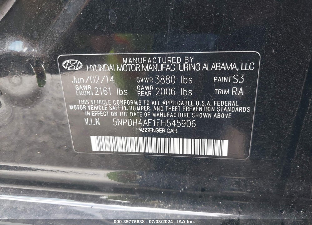 2014 HYUNDAI ELANTRA SE VIN: 5NPDH4AE1EH545906
