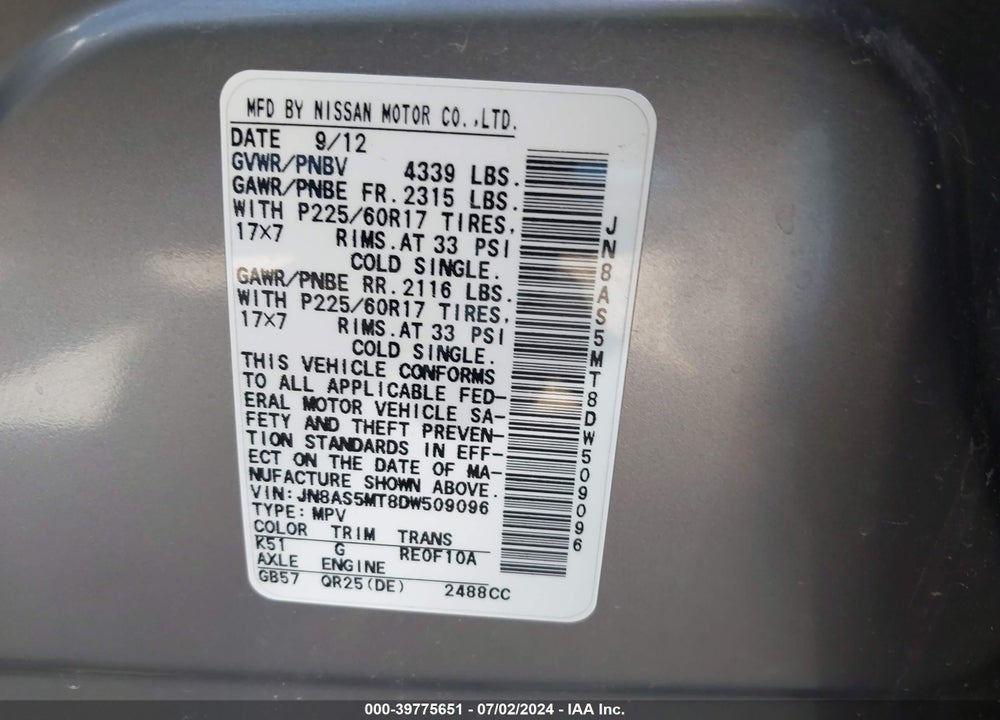 2013 NISSAN ROGUE SV VIN: JN8AS5MT8DW509096