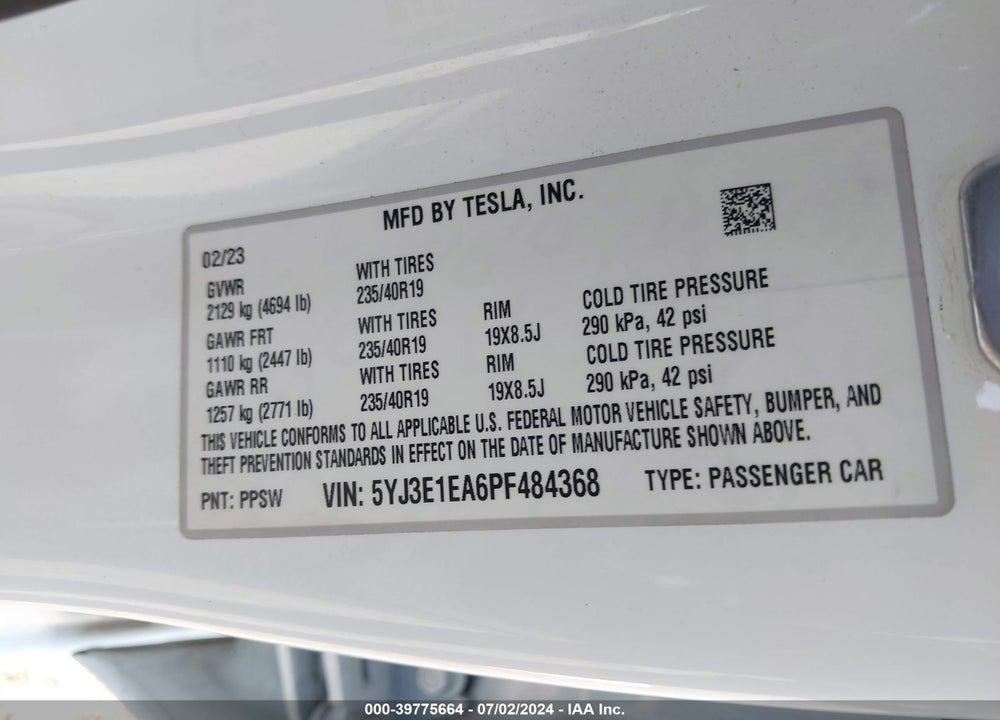 2023 TESLA MODEL 3 REAR-WHEEL DRIVE VIN: 5YJ3E1EA6PF484368