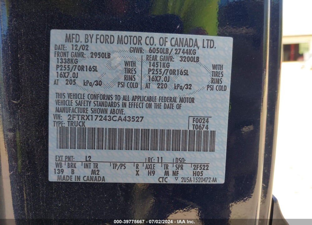 2003 FORD F-150 XL/XLT/XLT HERITAGE VIN: 2FTRX17243CA43527