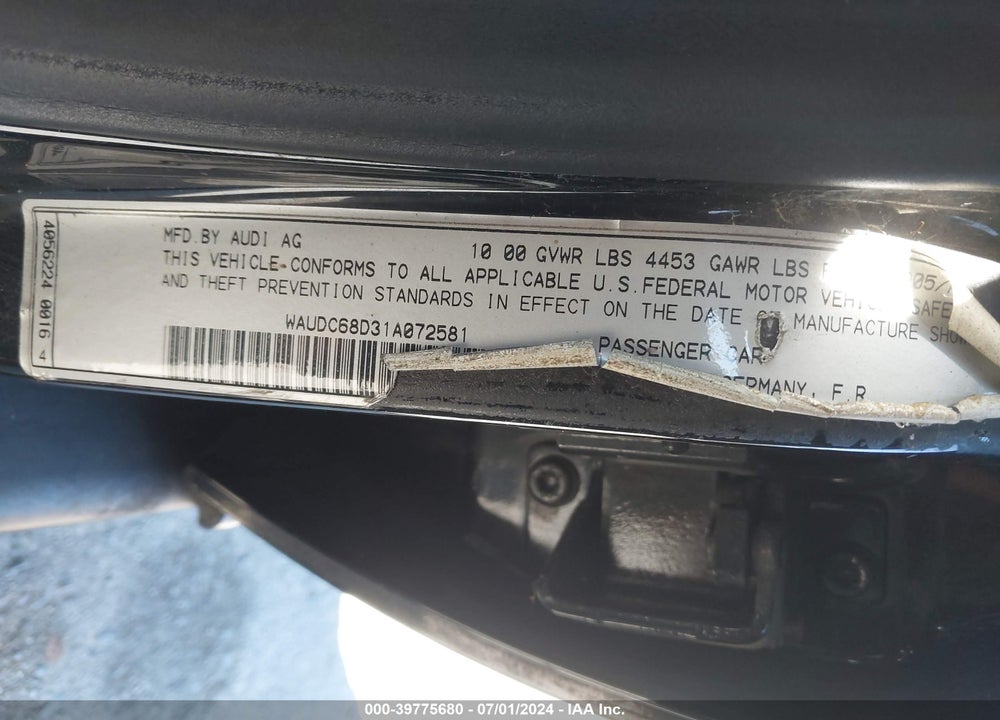 2001 AUDI A4 1.8 T VIN: WAUDC68D31A072581