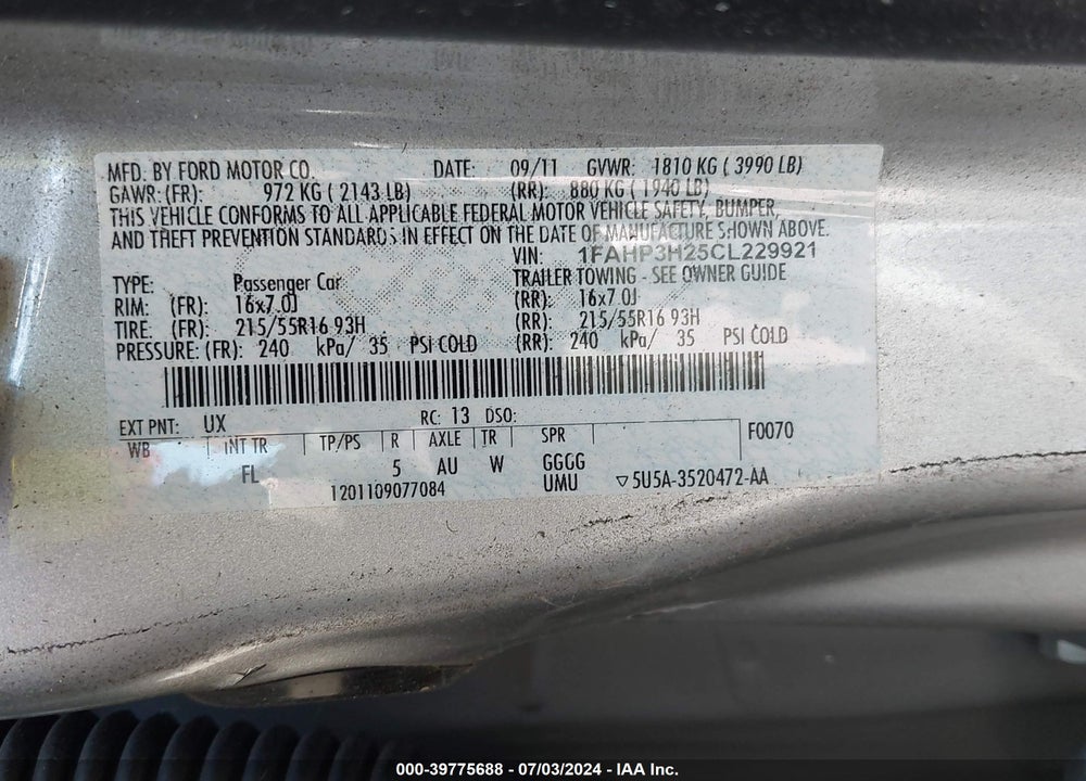 2012 FORD FOCUS SEL VIN: 1FAHP3H25CL229921