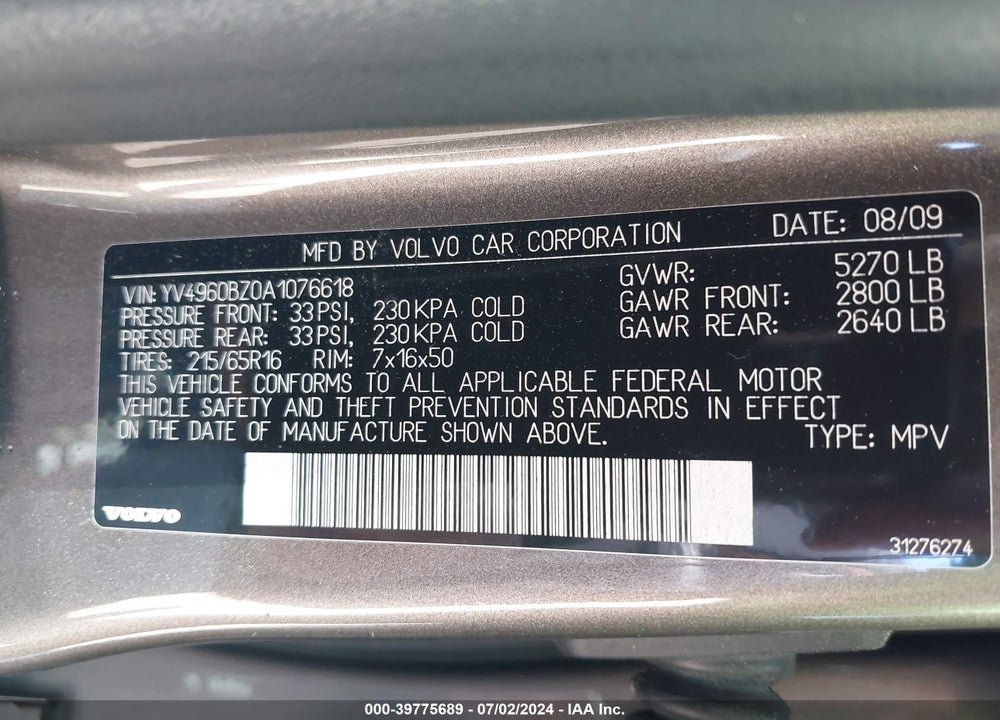 2010 VOLVO XC70 3.2 VIN: YV4960BZ0A1076618