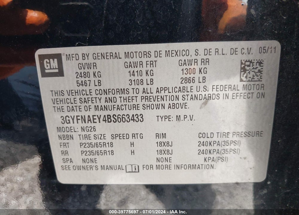 2011 CADILLAC SRX LUXURY COLLECTION VIN: 3GYFNAEY4BS663433
