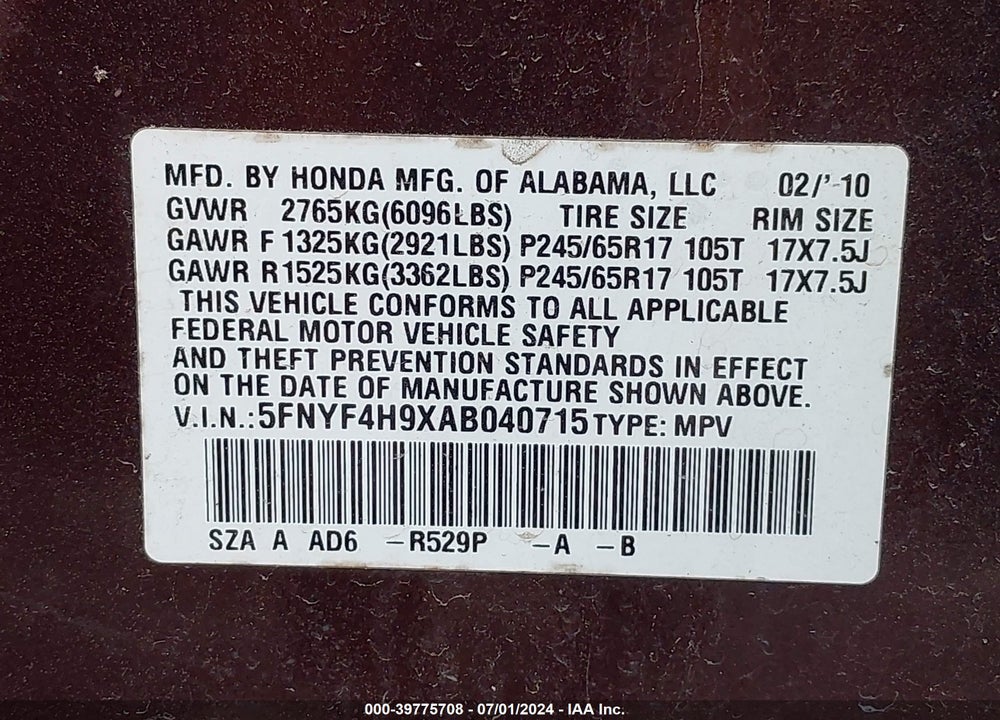 2010 HONDA PILOT TOURING VIN: 5FNYF4H9XAB040715