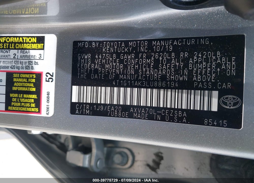 2020 TOYOTA CAMRY VIN: 4T1G11AK3LU886194