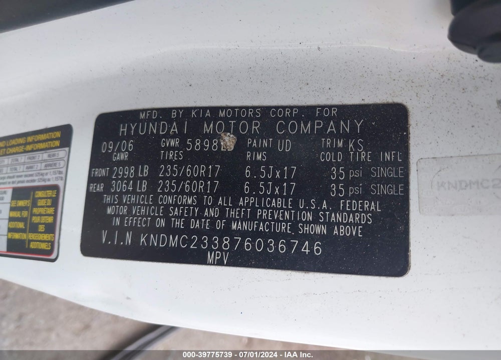 2007 HYUNDAI ENTOURAGE GLS/LIMITED/SE VIN: KNDMC233876036746