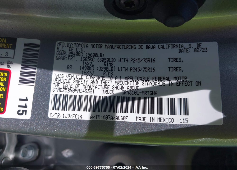 2023 TOYOTA TACOMA SR5 V6 VIN: 3TMDZ5BN0PM149321