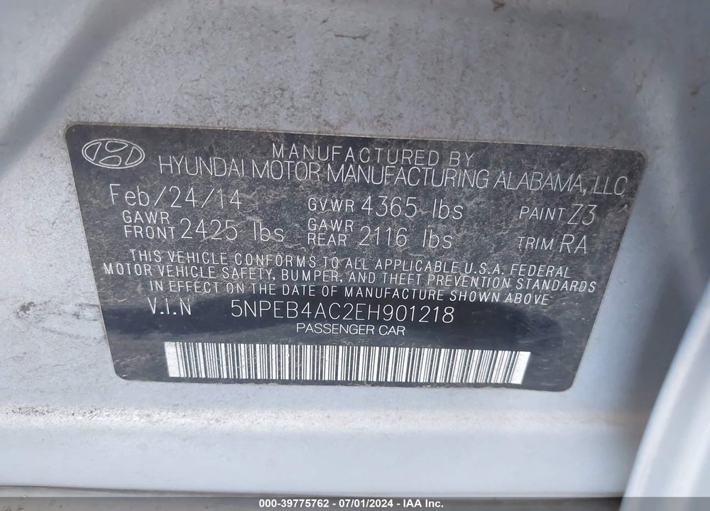 2014 HYUNDAI SONATA GLS VIN: 5NPEB4AC2EH901218