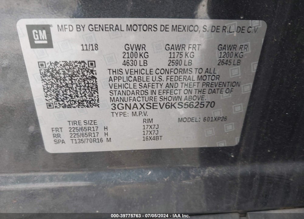 2019 CHEVROLET EQUINOX LS VIN: 3GNAXSEV6KS562570