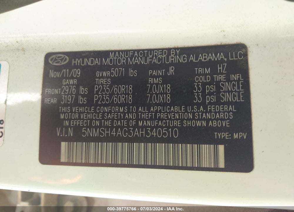 2010 HYUNDAI SANTA FE SE VIN: 5NMSH4AG3AH340510