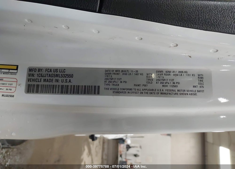 2021 JEEP GLADIATOR SPORT S 4X4 VIN: 1C6JJTAG5ML532550