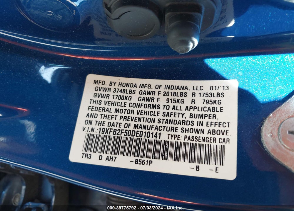 2013 HONDA CIVIC LX VIN: 19XFB2F50DE010141