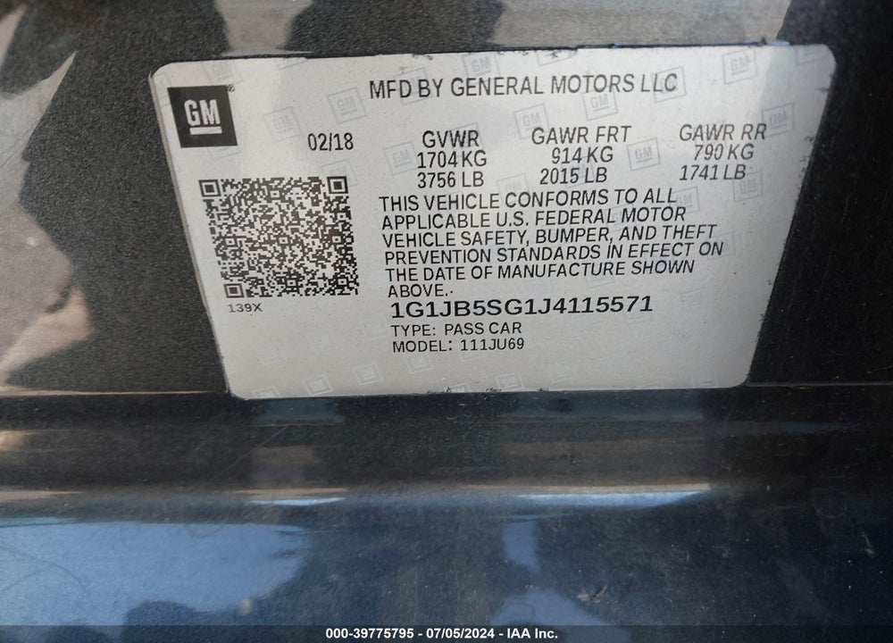 2018 CHEVROLET SONIC LS AUTO VIN: 1G1JB5SG1J4115571