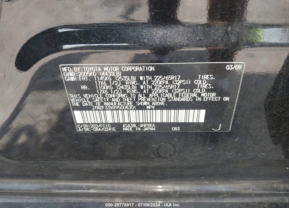 2009 TOYOTA RAV4 VIN: JTMZF33VX95008301
