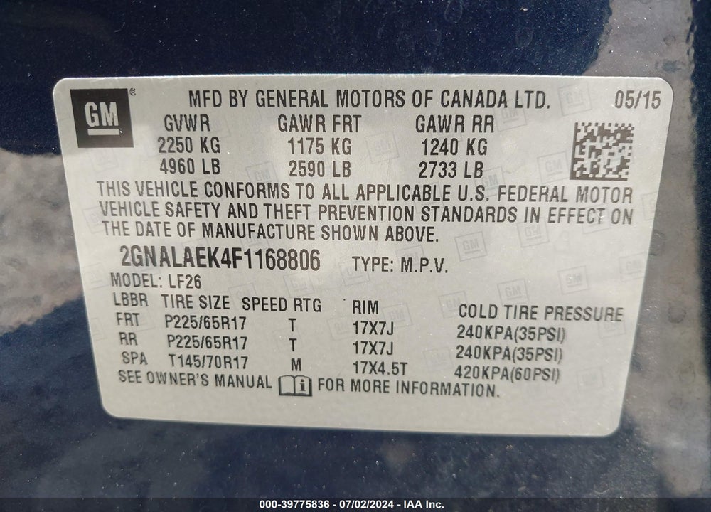 2015 CHEVROLET EQUINOX LS VIN: 2GNALAEK4F1168806