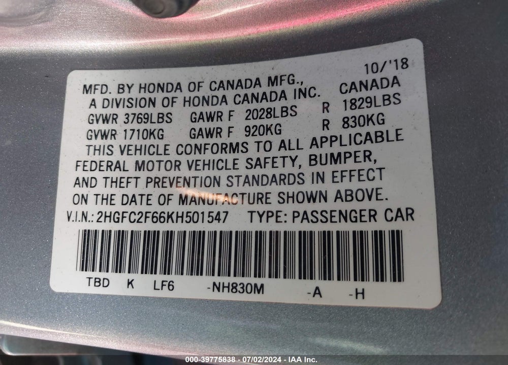 2019 HONDA CIVIC LX VIN: 2HGFC2F66KH501547