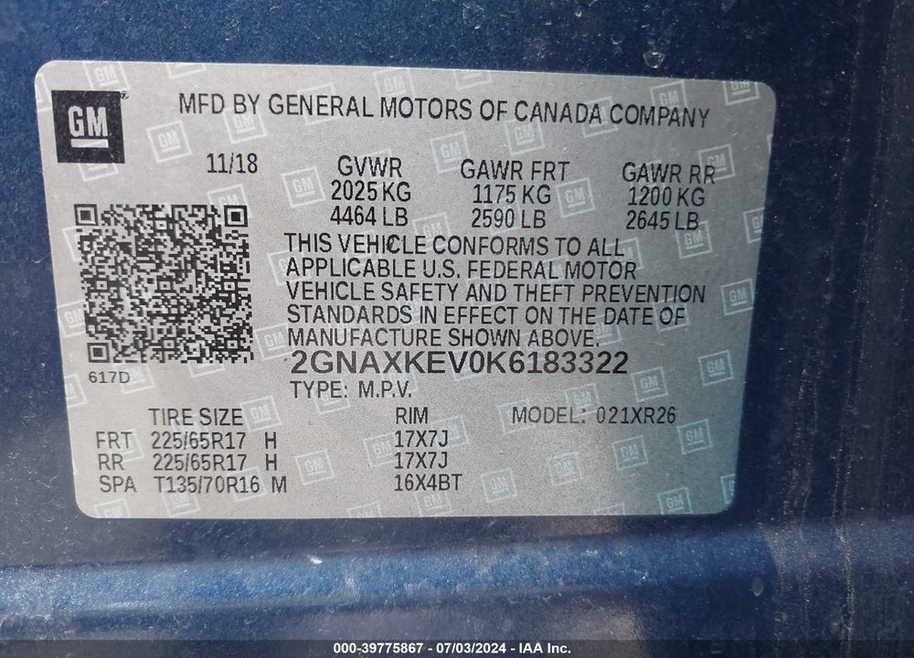2019 CHEVROLET EQUINOX LT VIN: 2GNAXKEV0K6183322