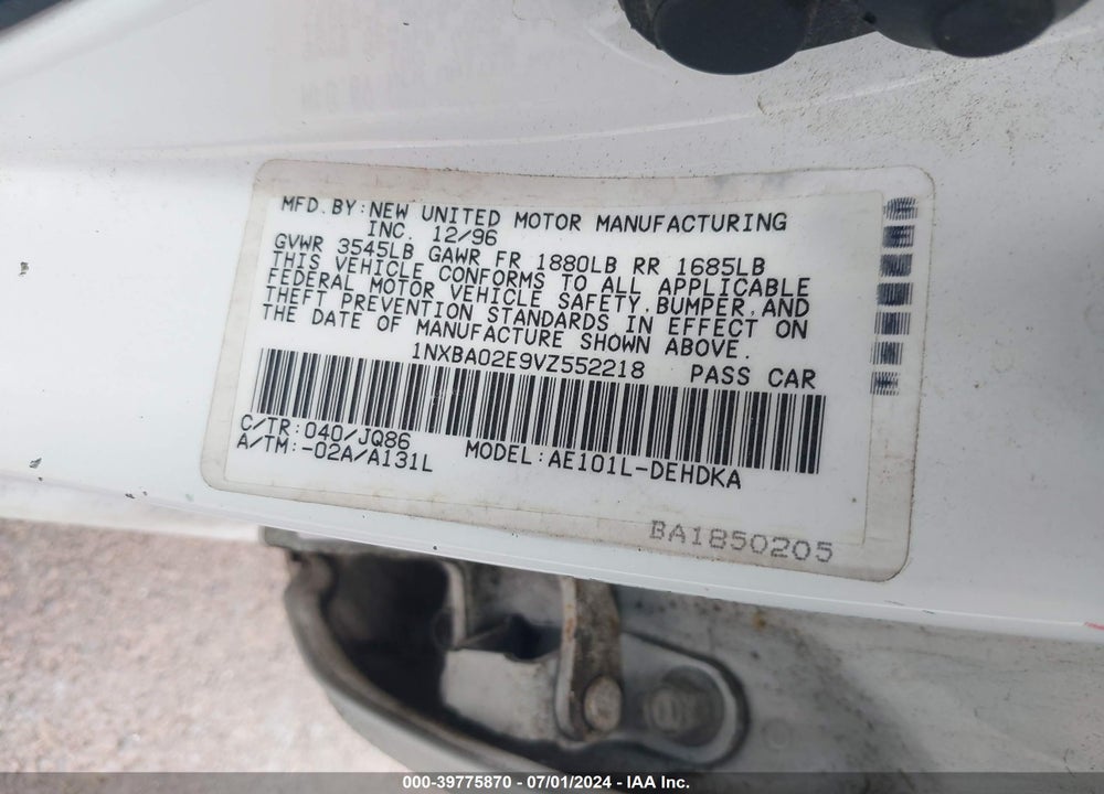 1997 TOYOTA COROLLA STD VIN: 1NXBA02E9VZ552218