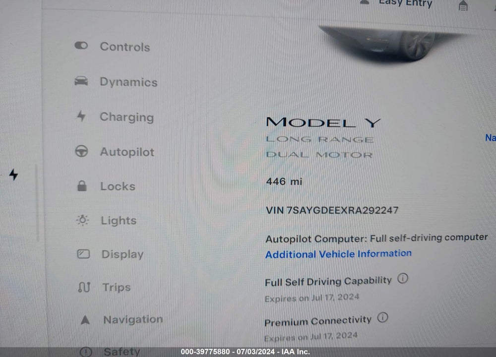 2024 TESLA MODEL Y LONG RANGE DUAL MOTOR ALL-WHEEL DRIVE VIN: 7SAYGDEEXRA292247