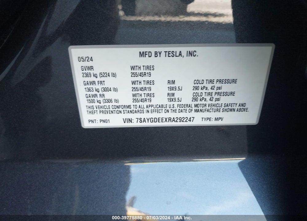 2024 TESLA MODEL Y LONG RANGE DUAL MOTOR ALL-WHEEL DRIVE VIN: 7SAYGDEEXRA292247