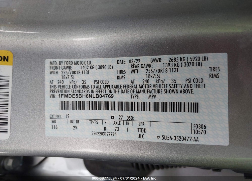 2022 FORD BRONCO OUTER BANKS VIN: 1FMDE5BH6NLB04769