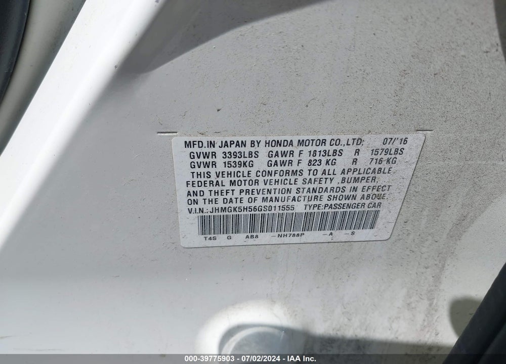 2016 HONDA FIT LX VIN: JHMGK5H56GS011555