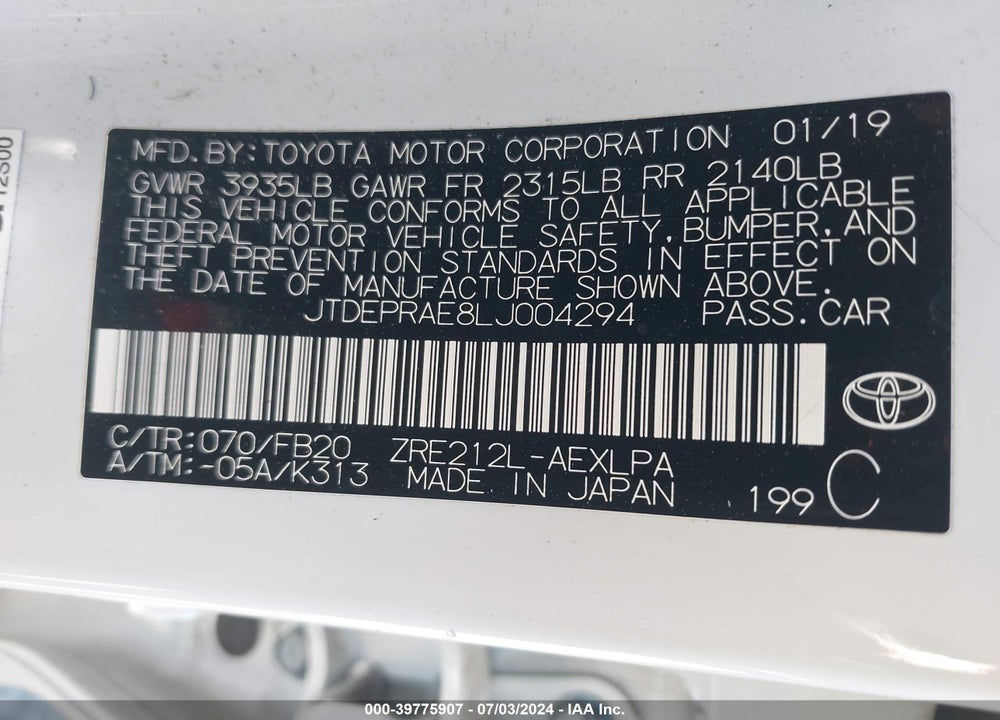2020 TOYOTA COROLLA LE VIN: JTDEPRAE8LJ004294