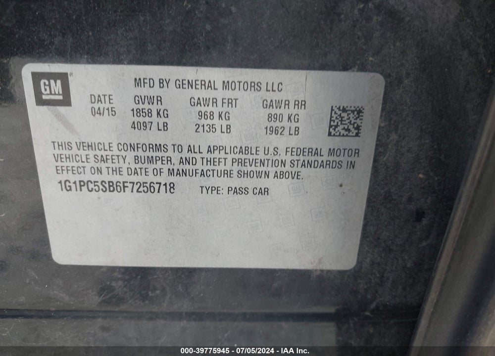 2015 CHEVROLET CRUZE 1LT AUTO VIN: 1G1PC5SB6F7256718