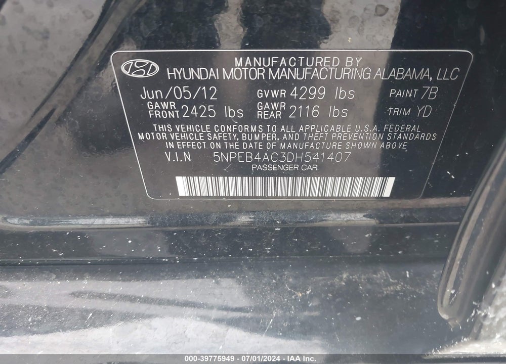 2013 HYUNDAI SONATA GLS VIN: 5NPEB4AC3DH541407