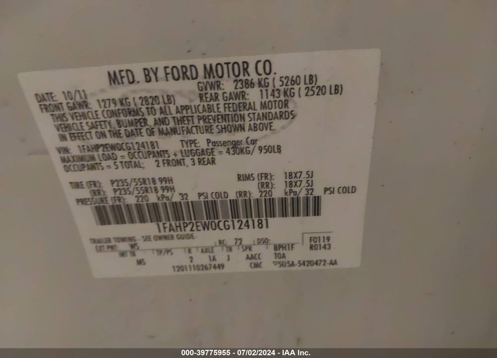 2012 FORD TAURUS SEL VIN: 1FAHP2EW0CG124181