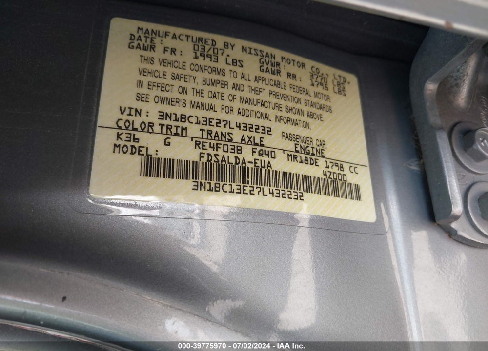 2007 NISSAN VERSA 1.8S VIN: 3N1BC13E27L432232