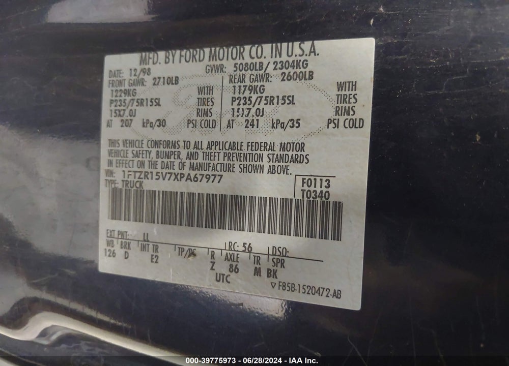 1999 FORD RANGER XL/XLT VIN: 1FTZR15V7XPA67977