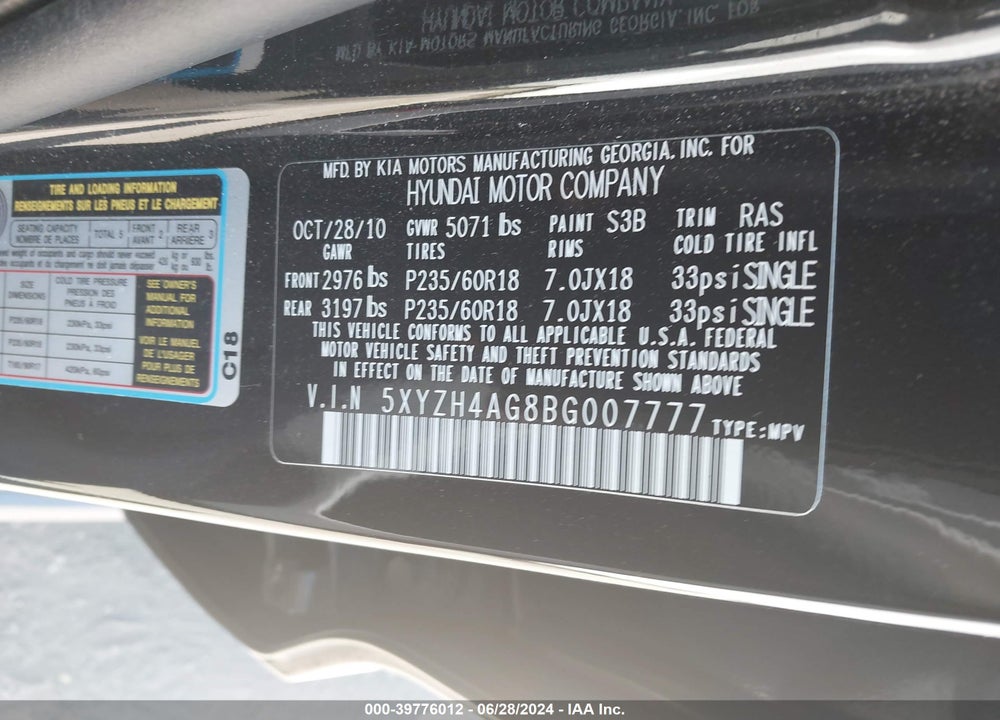 2011 HYUNDAI SANTA FE SE VIN: 5XYZH4AG8BG007777