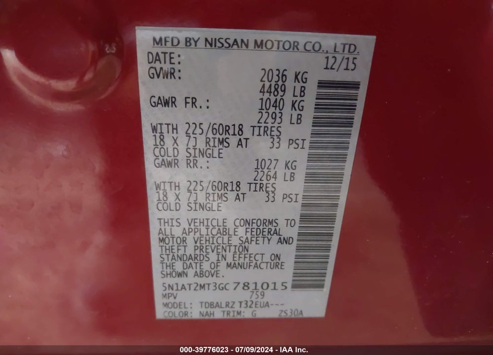 2016 NISSAN ROGUE SL VIN: 5N1AT2MT3GC781015