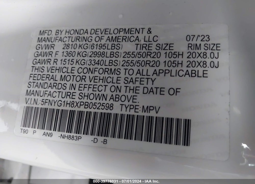 2023 HONDA PILOT AWD ELITE VIN: 5FNYG1H8XPB052598