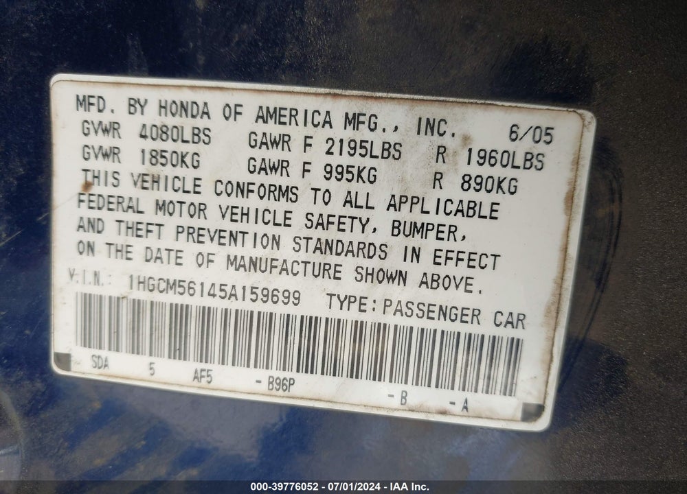 2005 HONDA ACCORD 2.4 DX VIN: 1HGCM56145A159699