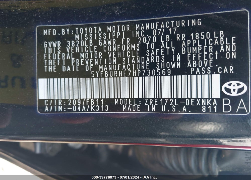 2017 TOYOTA COROLLA LE VIN: 5YFBURHE7HP730569
