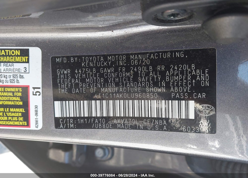 2020 TOYOTA CAMRY LE VIN: 4T1C11AK0LU960850