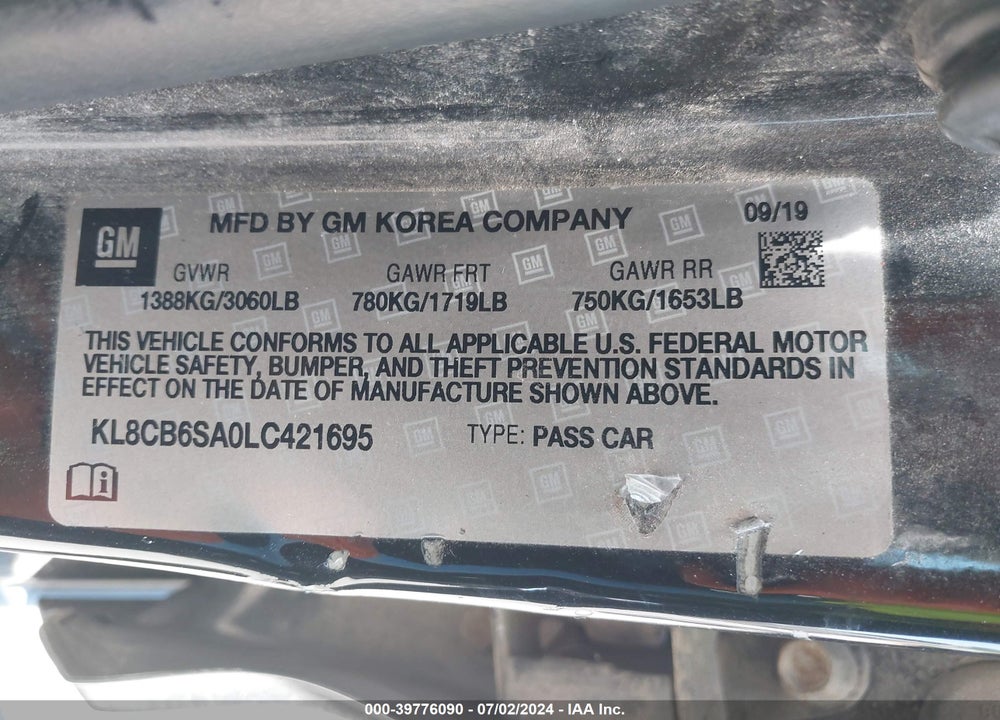 2020 CHEVROLET SPARK FWD LS AUTOMATIC VIN: KL8CB6SA0LC421695