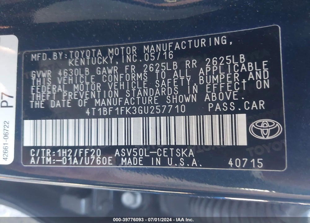 2016 TOYOTA CAMRY SE VIN: 4T1BF1FK3GU257710